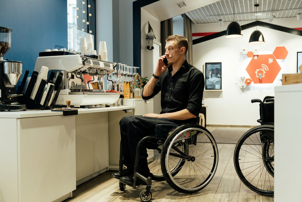 Wheelchair user on a phone call in a café