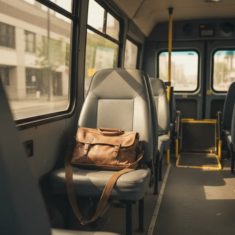 Empty bus seat with a leather bag left behind
