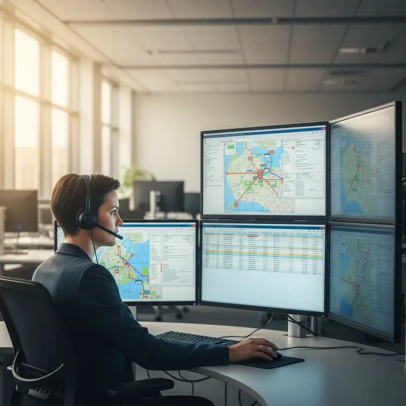 Dispatcher at multi-monitor workstation watching transit maps
