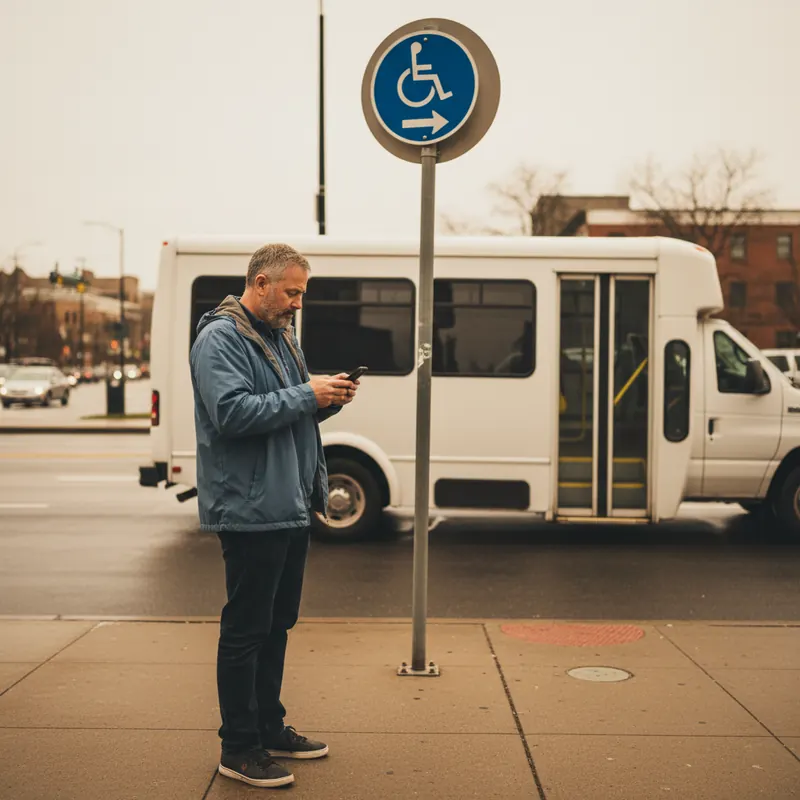 Rider checking phone next to a paratransit van